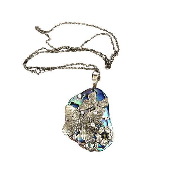 Handcrafted Abalone & Silver Butterfly Pendant Necklace With 925 Chain From Ital - Picture 3 of 7